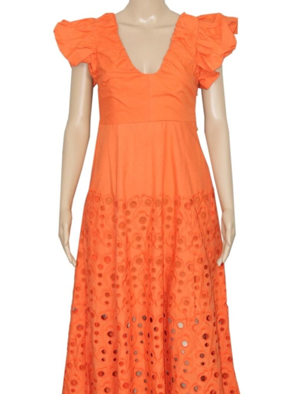 Anthropologie Maeve Cutwork Embroidered Bubble Sleeve Orange Midi Dress L